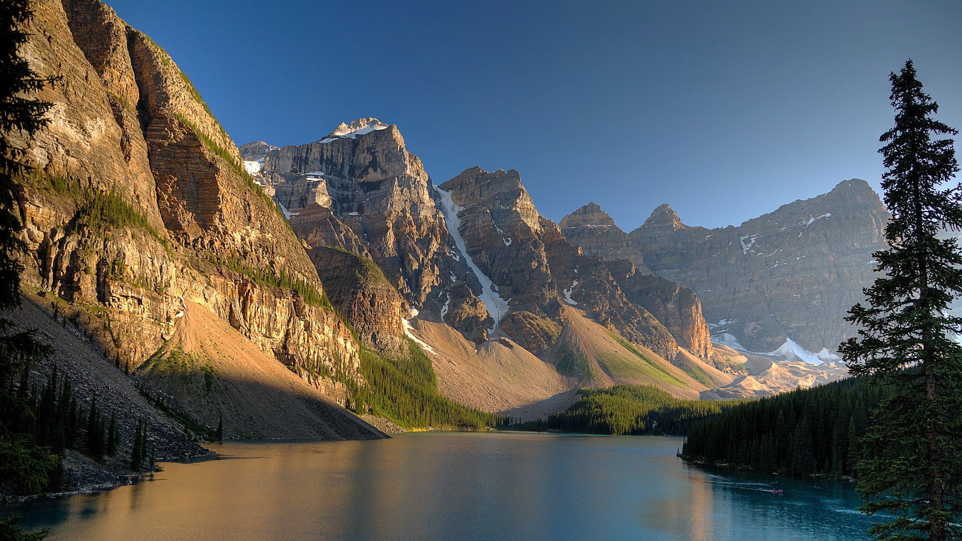 mountain lake tree blue sky sunny light shadow