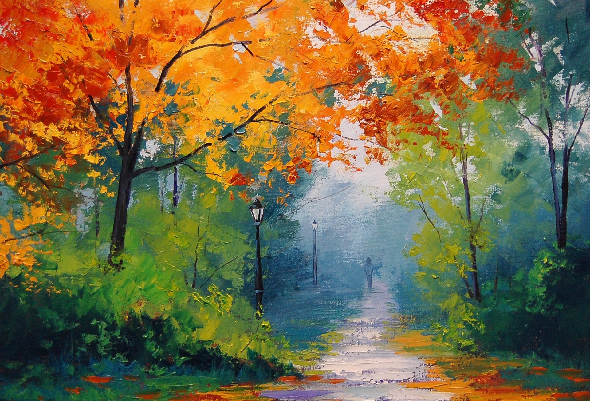 arte artsaus parque otoño árboles amarillo linternas camino hombre transeúnte