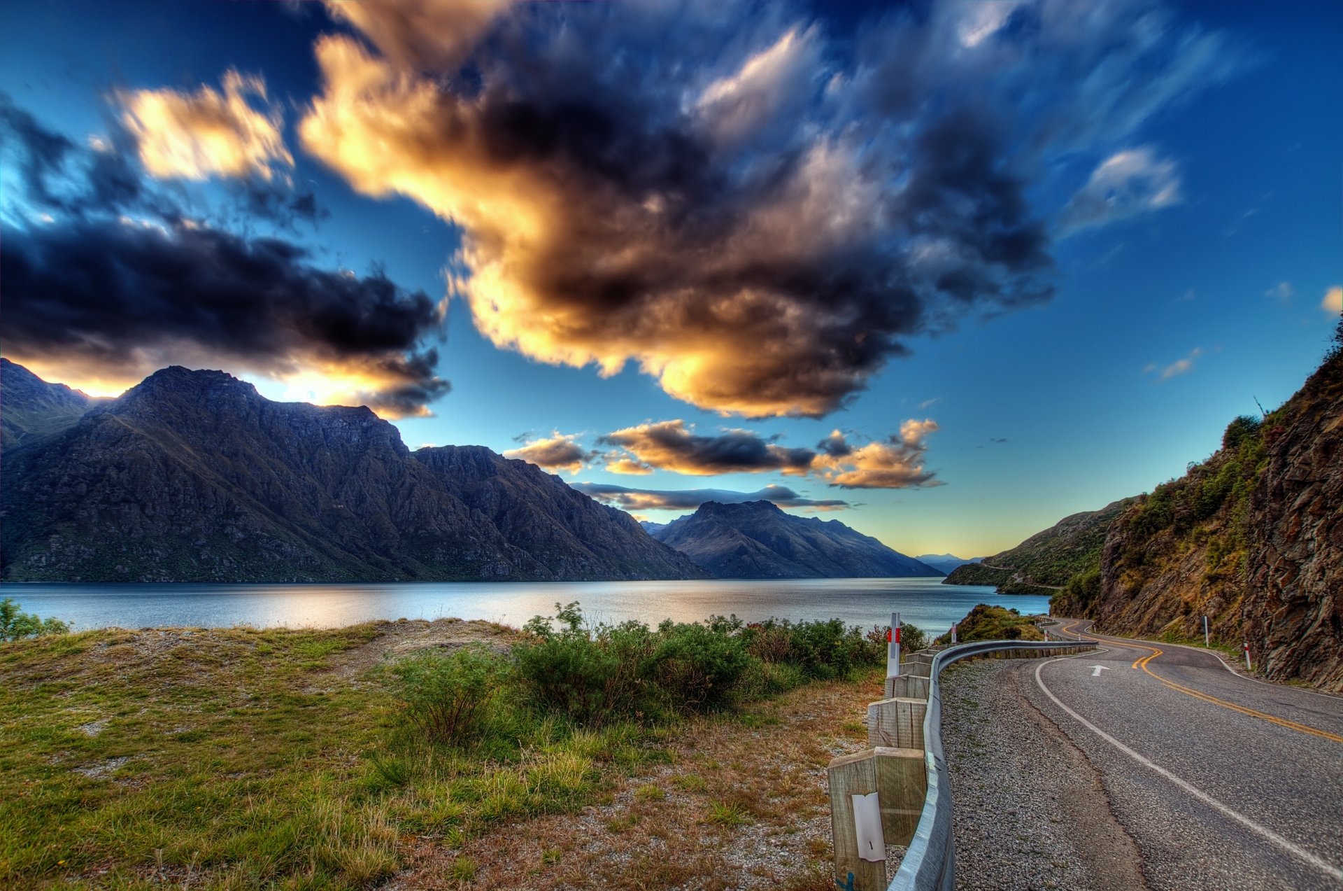 nature landscape road mountains sky clouds clouds earth grass greenery water river lake