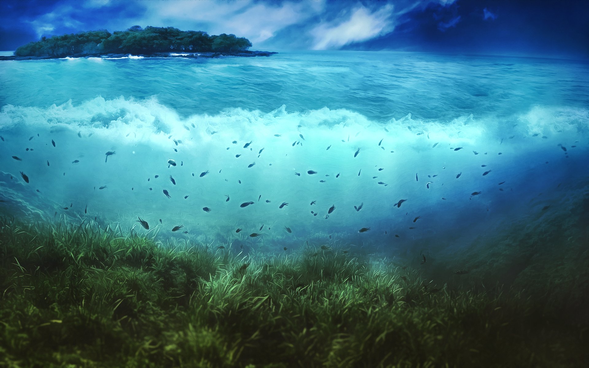 wasser insel vegetation fische himmel wolken