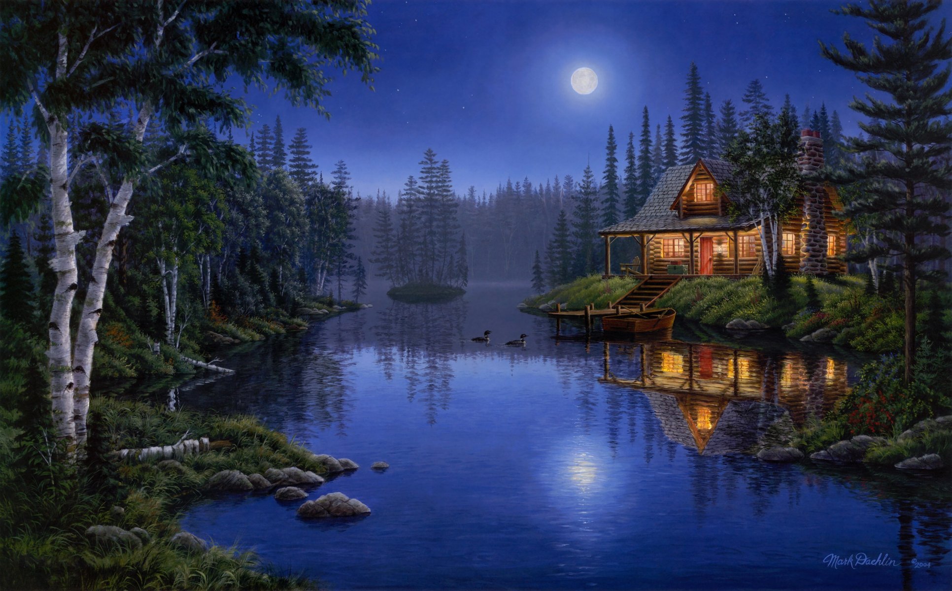 serenata luz de la luna mark daehlin bosque lago luz casa noche luna luz de la luna pintura patos