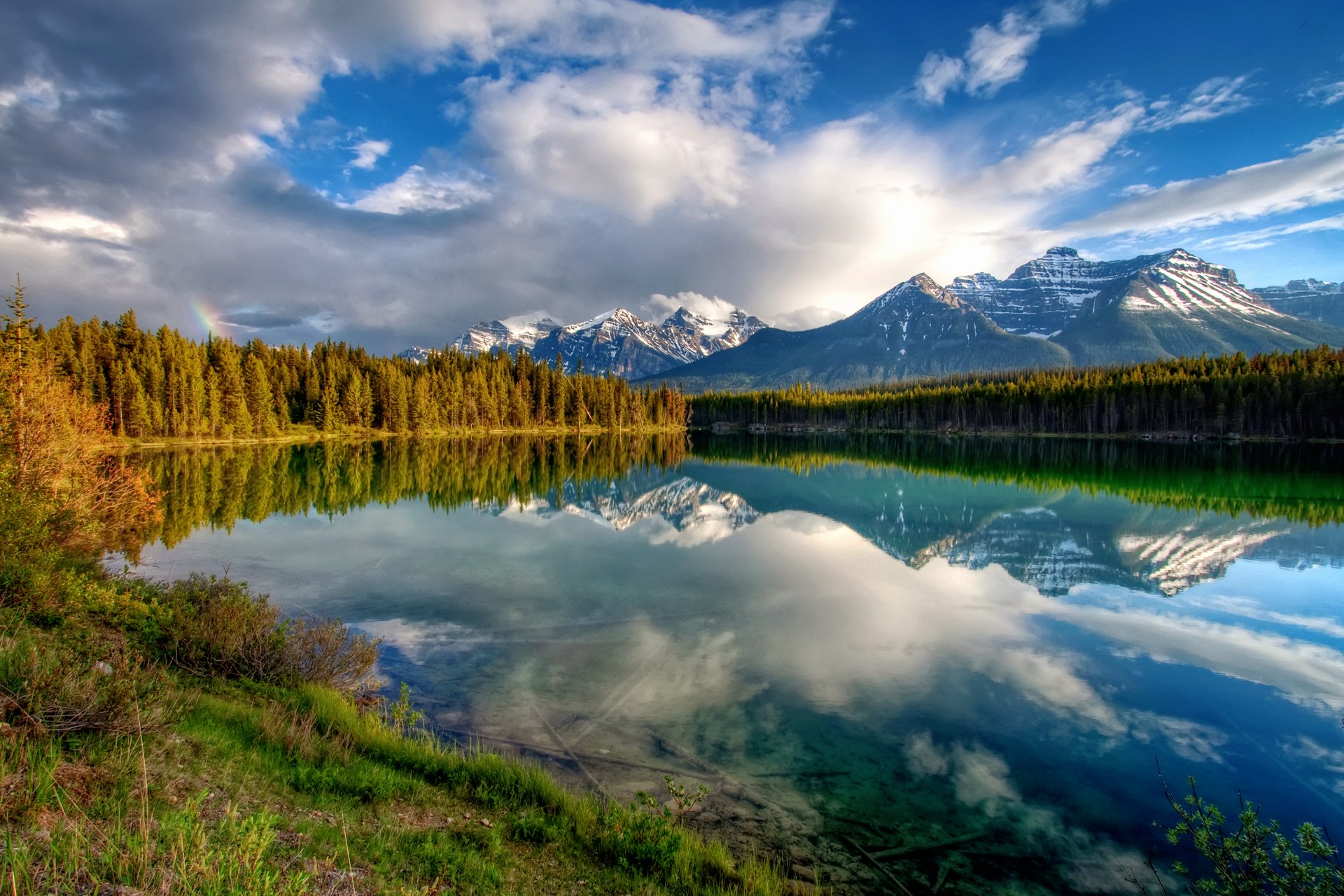 berge wald himmel wolken regenbogen see reflexion