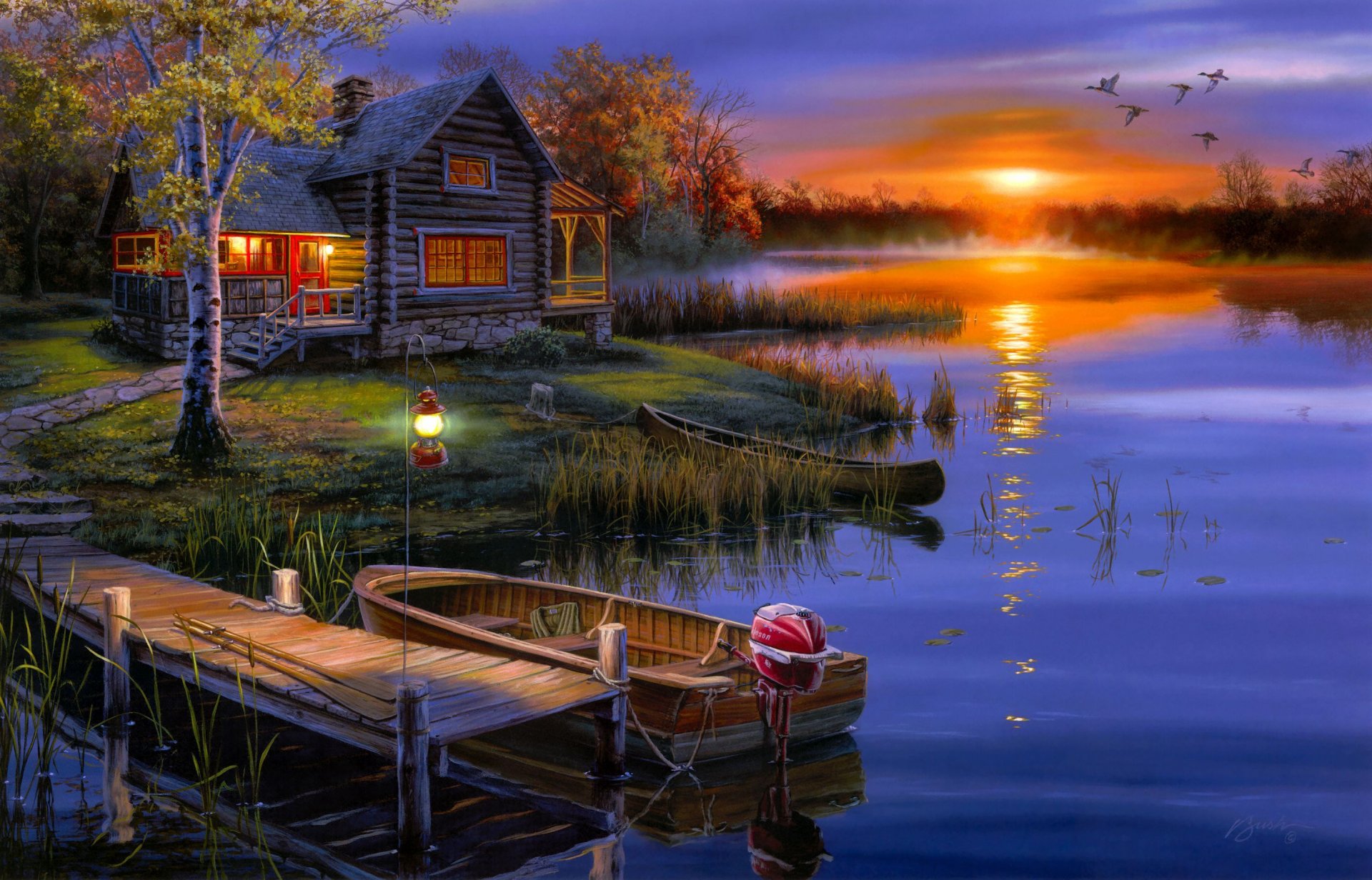 darrell bush paysage lac automne coucher de soleil bateau cabane canards lanterne art