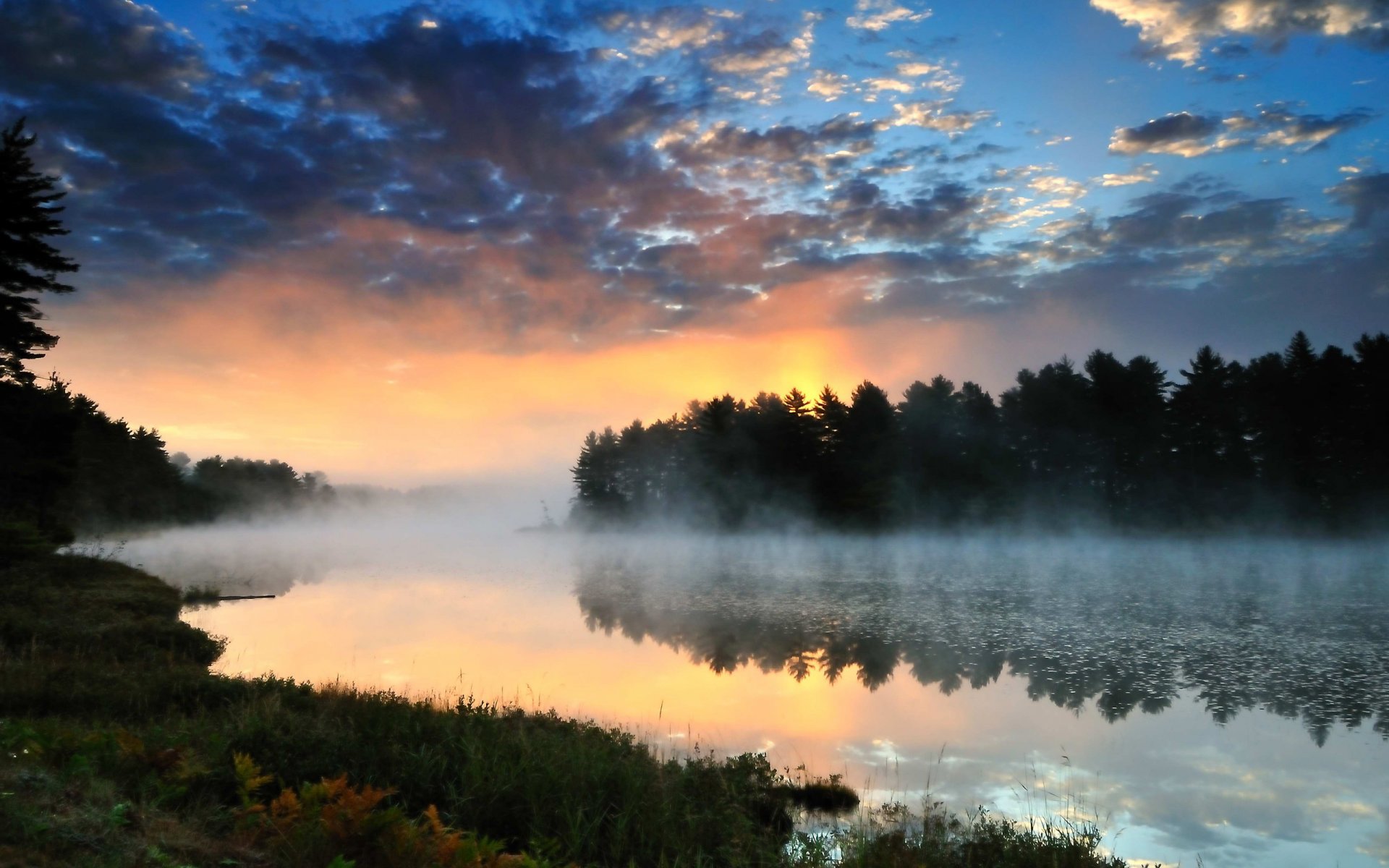 nature paysage rivière forêt coucher de soleil