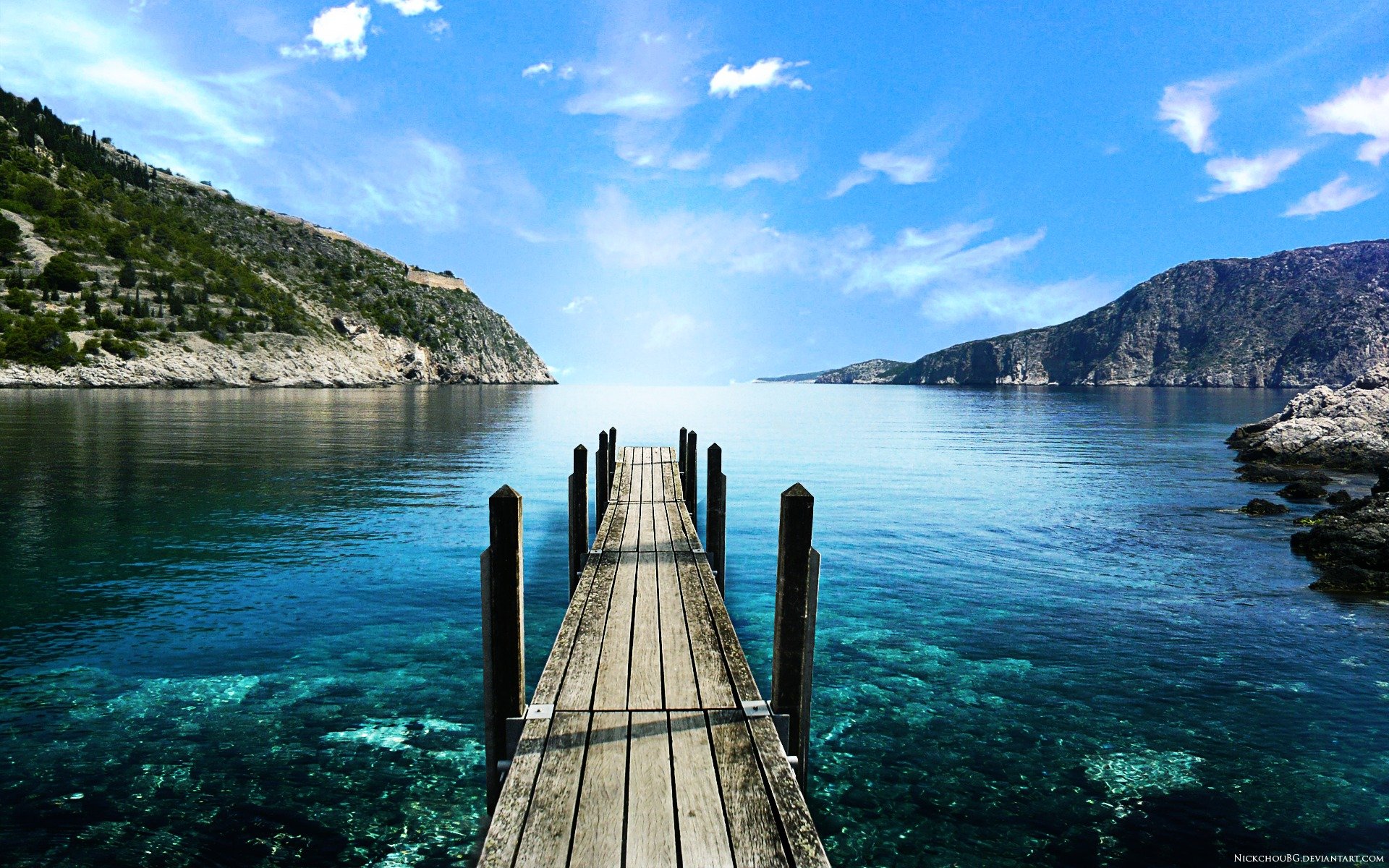 bridge sea mountain sky lake stone