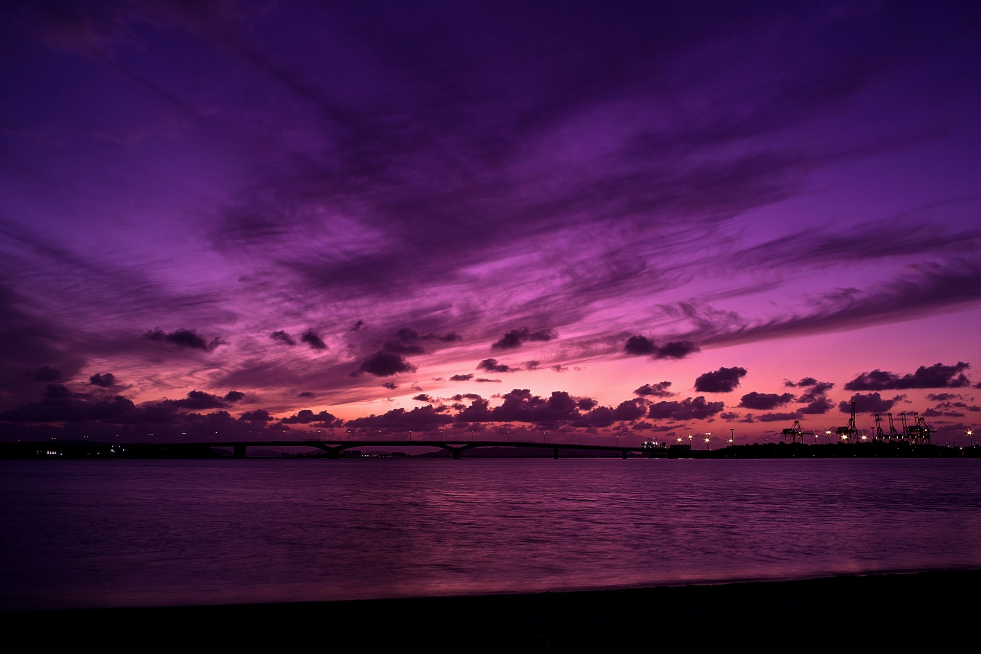 unset night sky sea doc lights beach