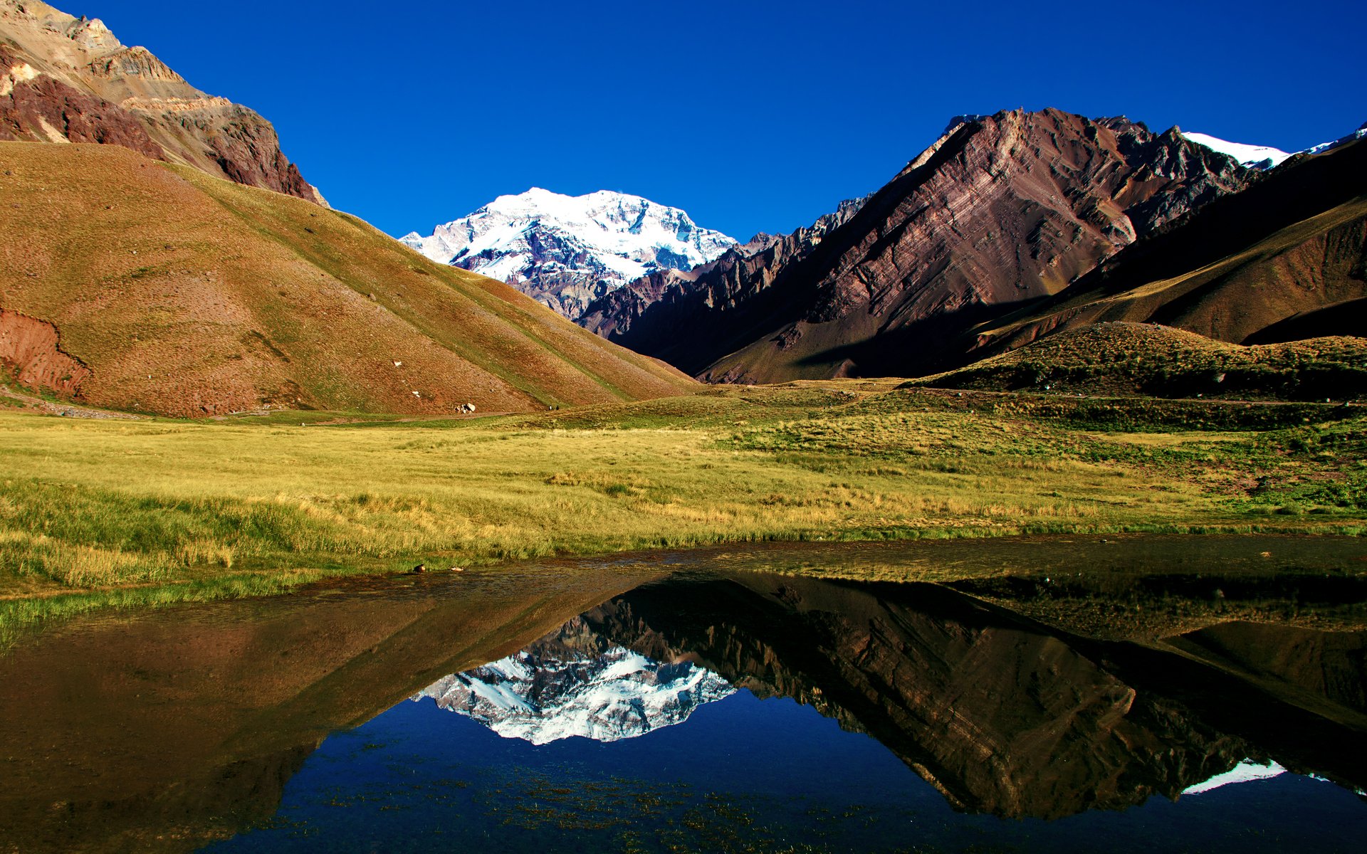 mountain lake sky grass hills reflection