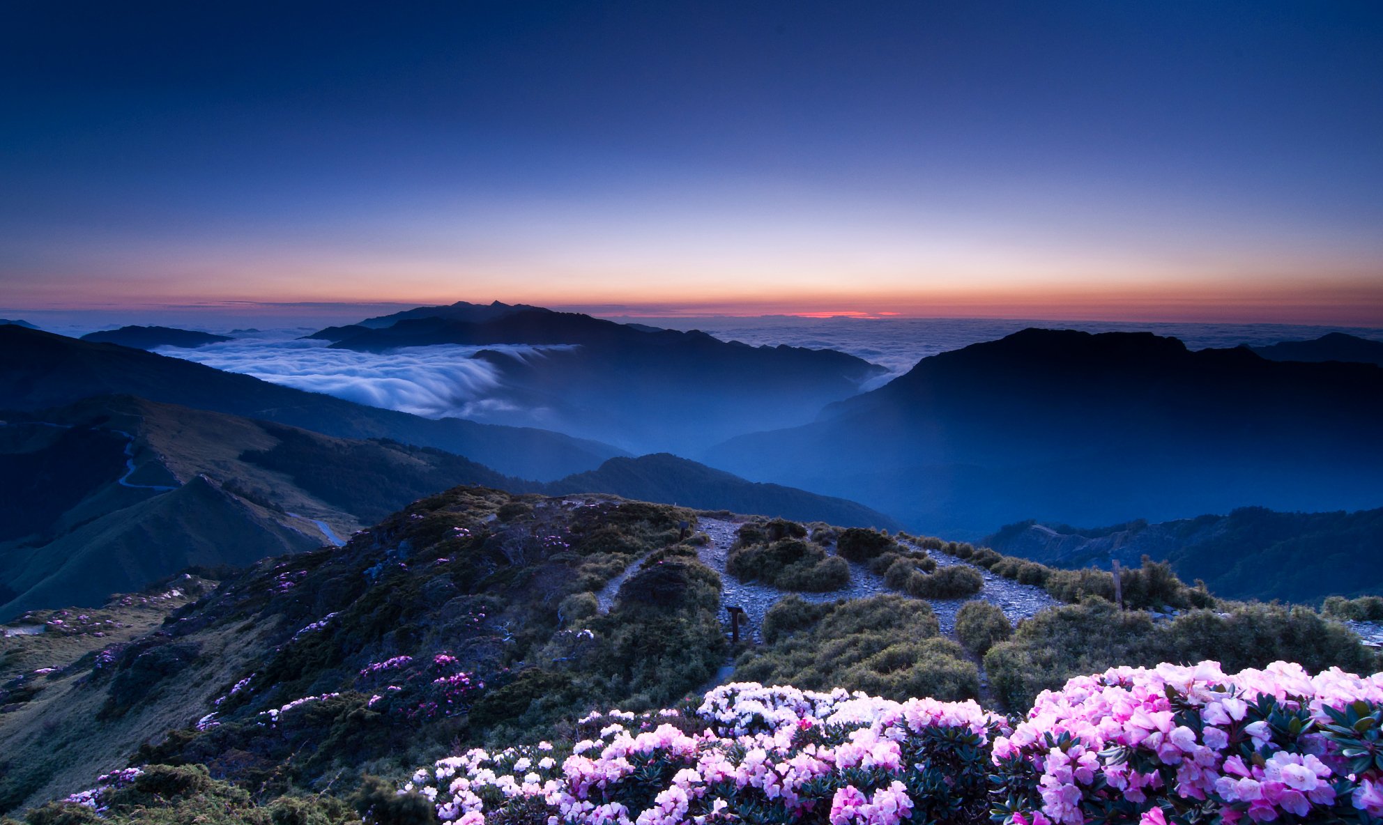 abend orange sonnenuntergang blau himmel berge hügel dunst rosa blumen höhe ansicht