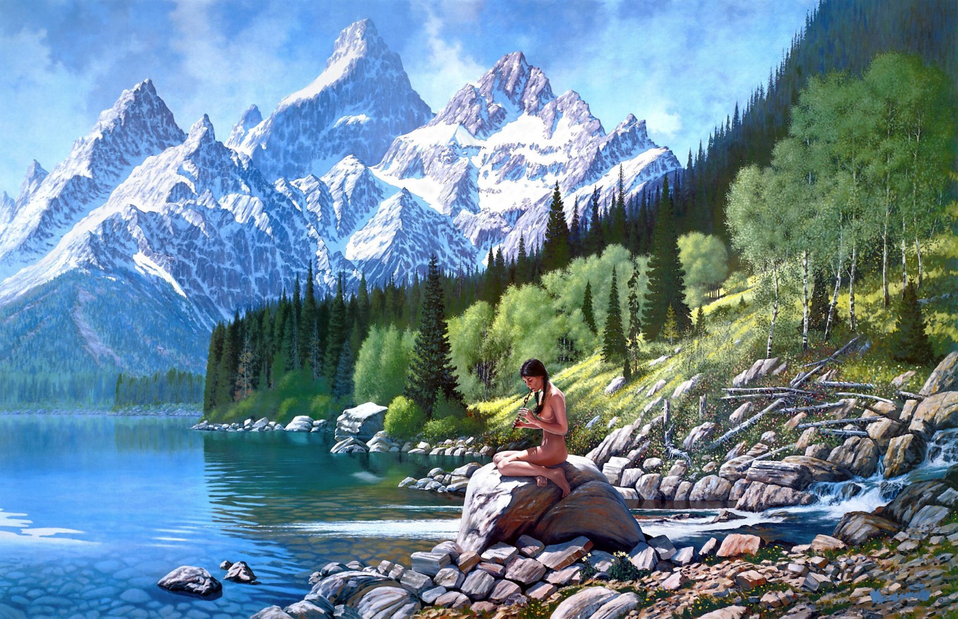 roy kerswill landscape river girl mountain forest tree art