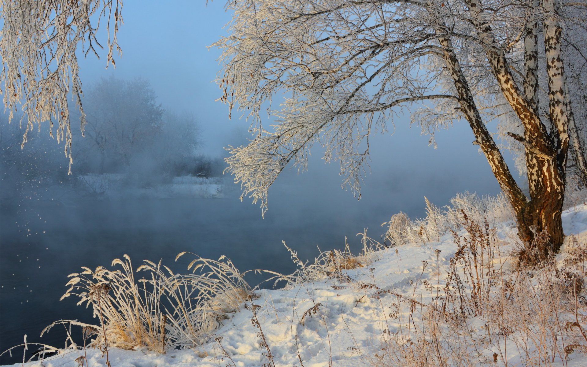 зима река снег туман природа пейзаж