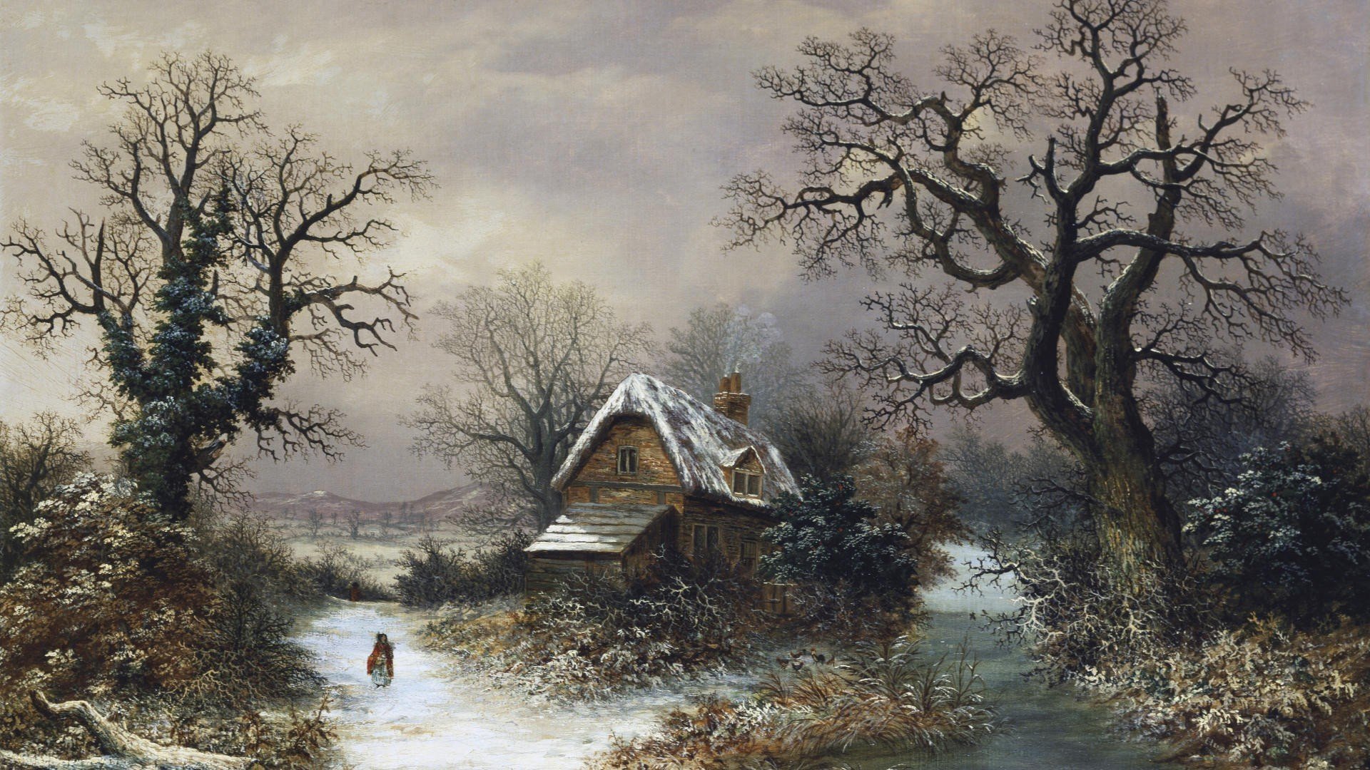 kunst landschaft winter haus bäume