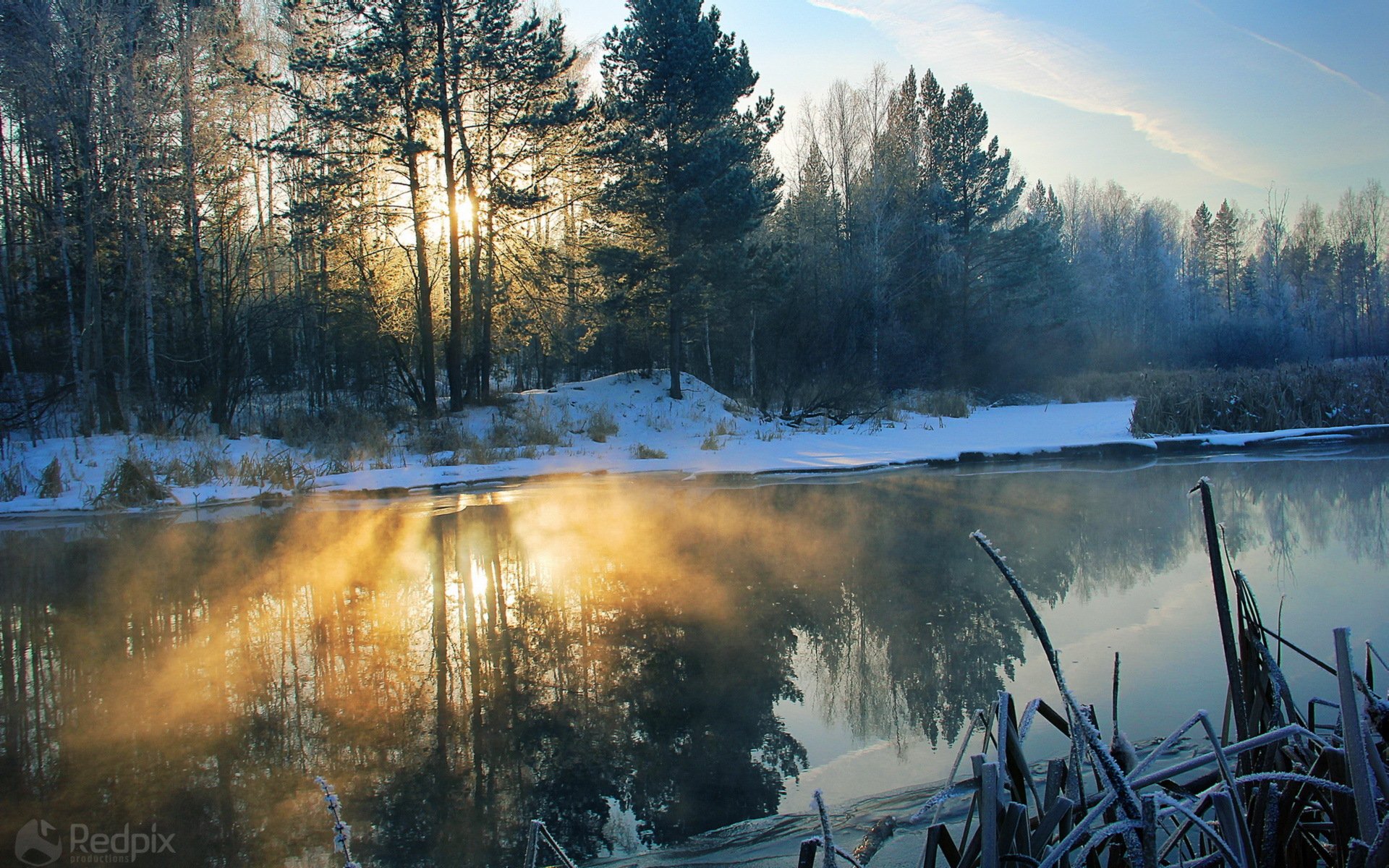 matin rivière neige lumière paysage nature arbres