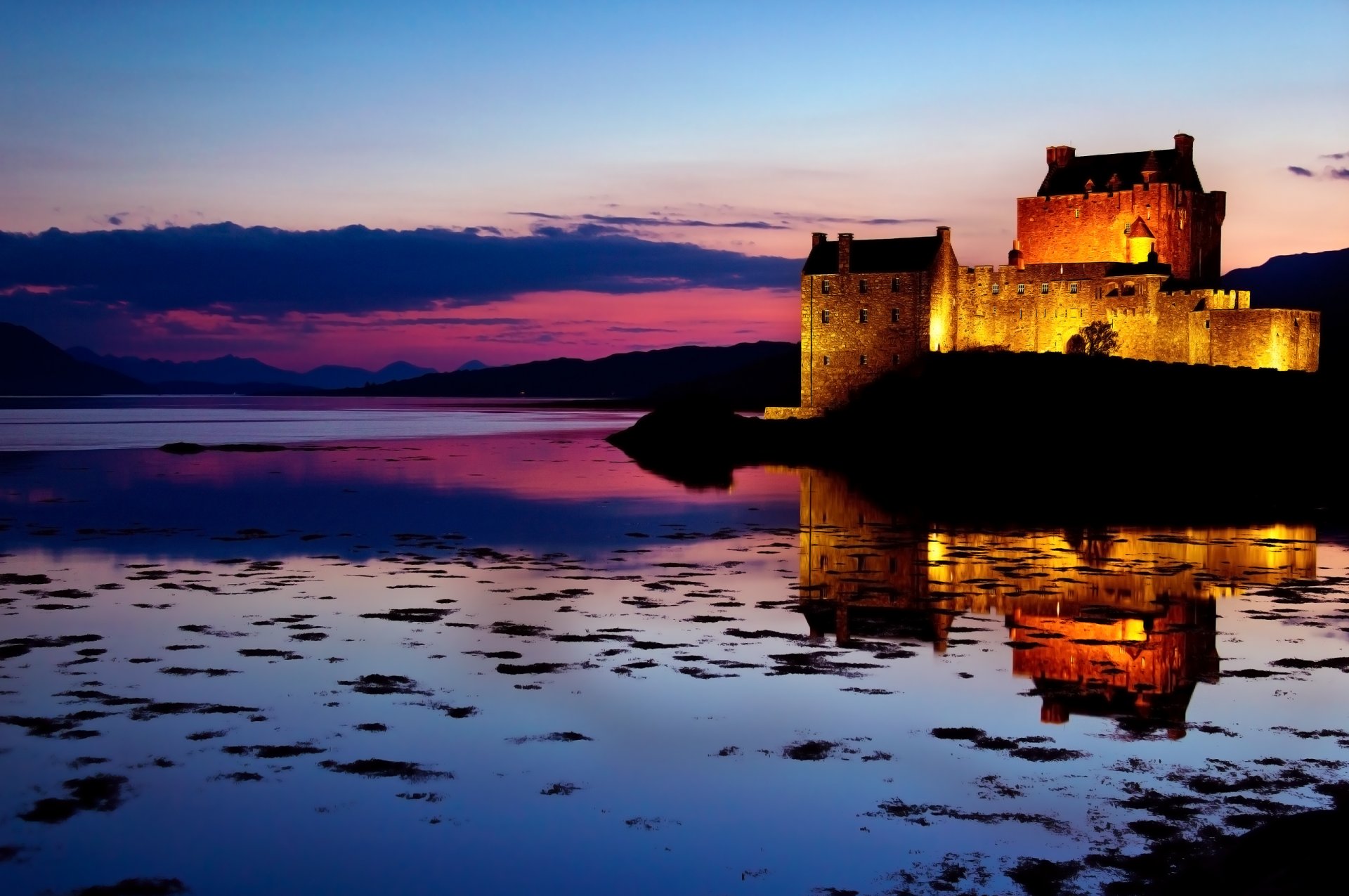 castle scotland light sunset night sky clouds water reflection