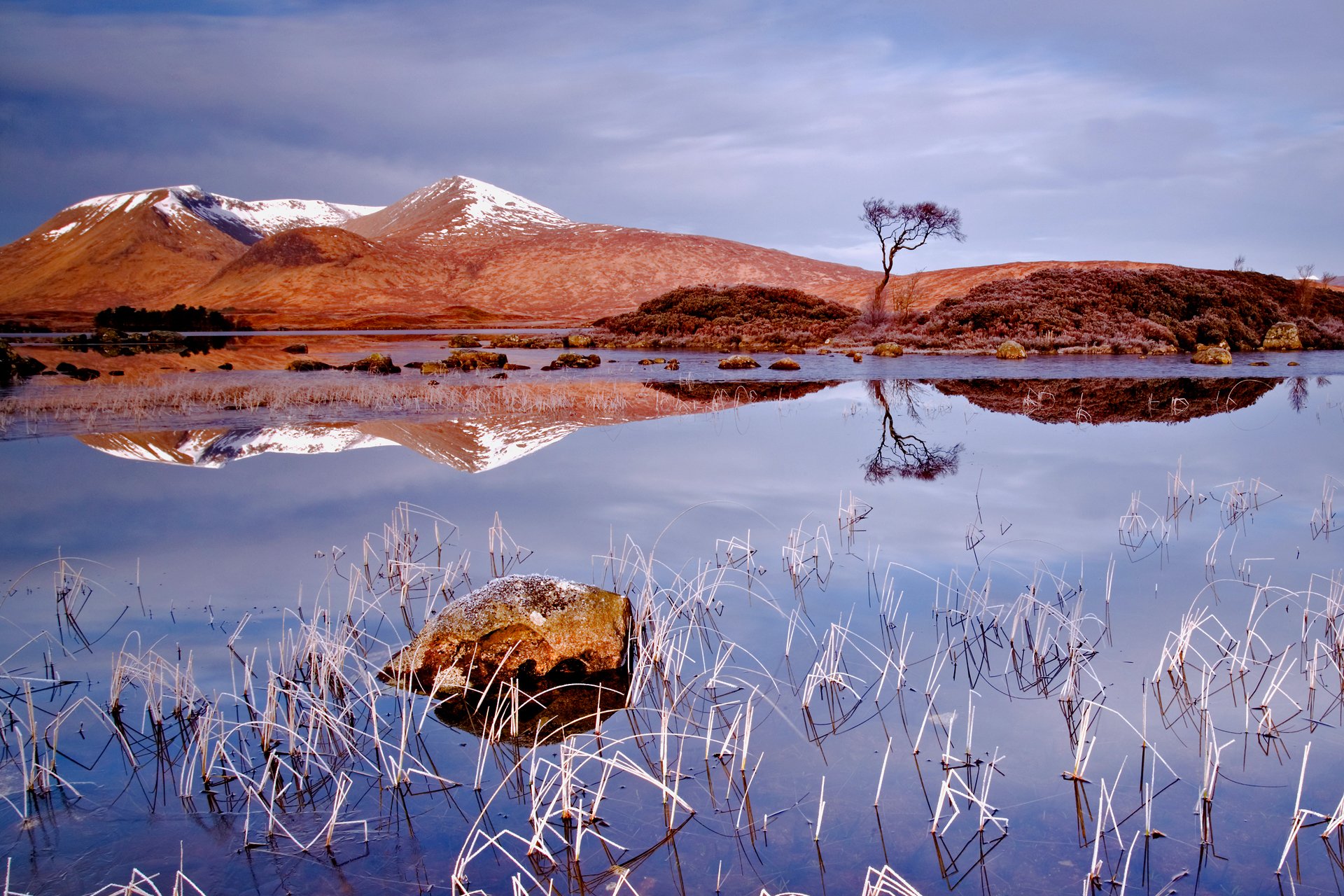 winter lake sky mountain hills tree reflection