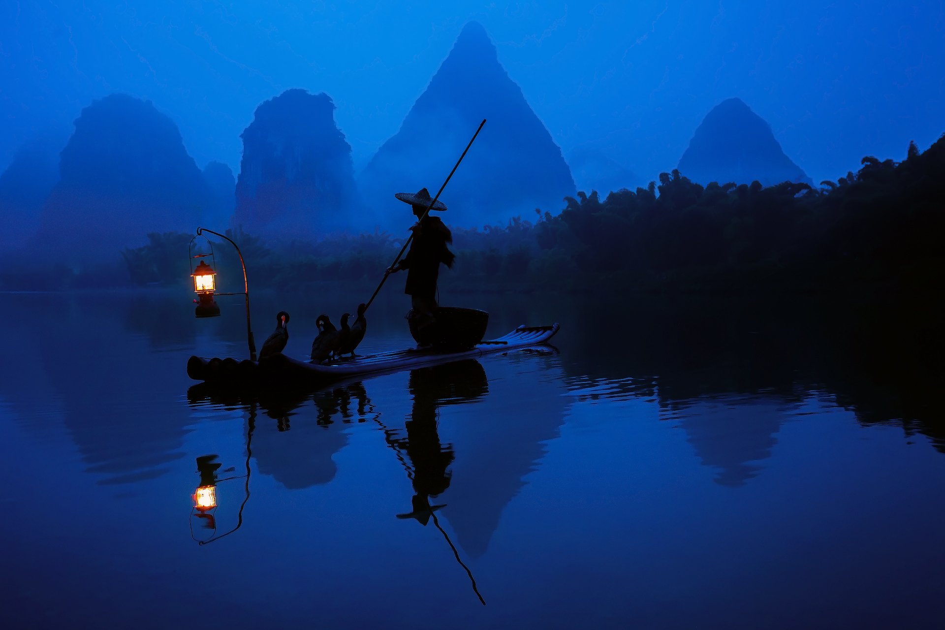 chine matin pêcheur bateau lanterne lumière cormorans rivière eau forêt réflexion