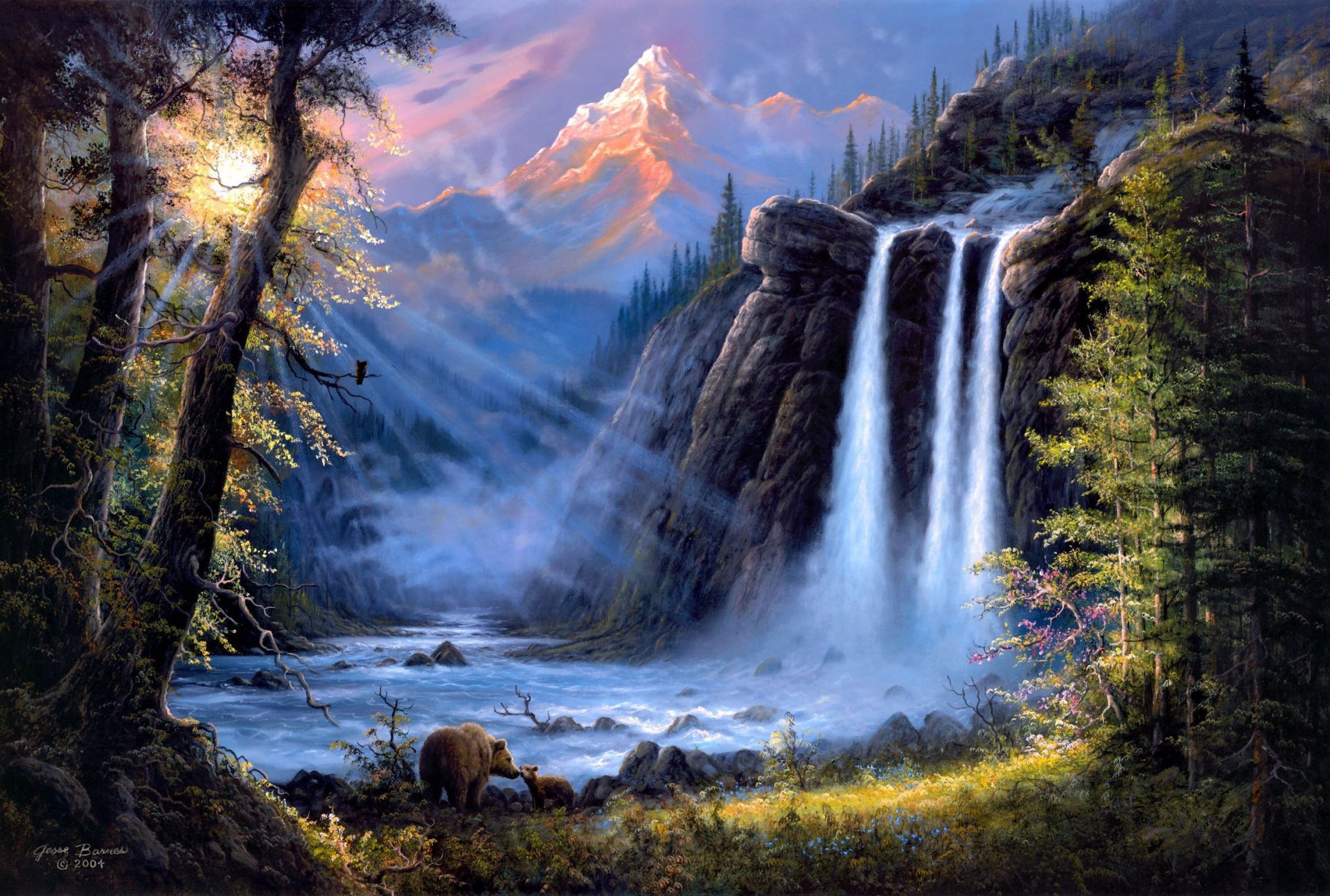 jesse barnes paisaje arte río cascada osos bosque montañas