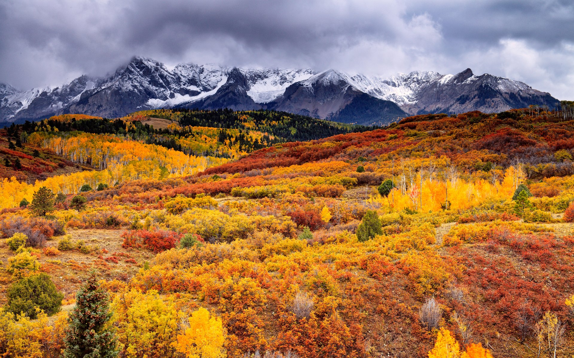 mountain sky clouds forest autumn paint