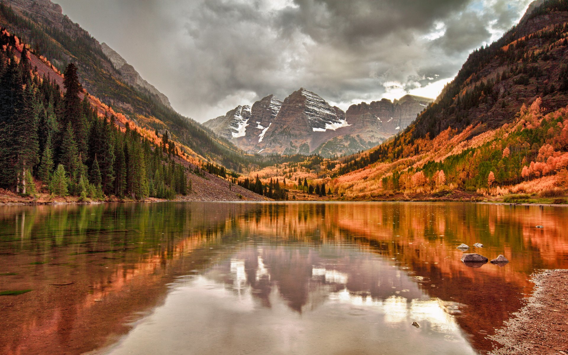 mountain rock lake sky clouds reflection autumn