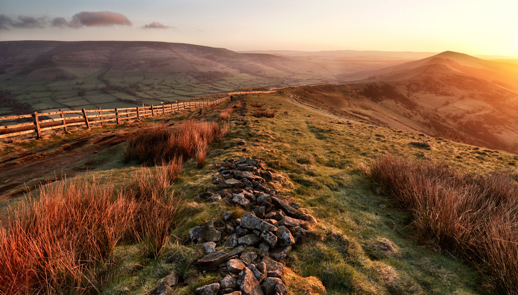 pring morning hills valley fences stone