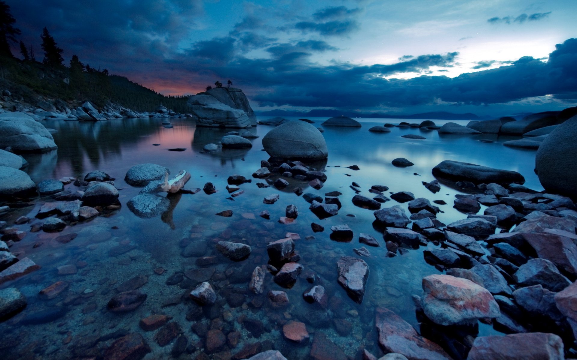 night lake stones nature landscape