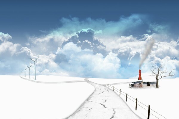 A snow-covered field with a road under huge cumulus clouds