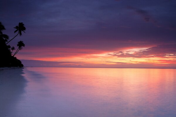 Coin de mer paradisiaque avec coucher de soleil