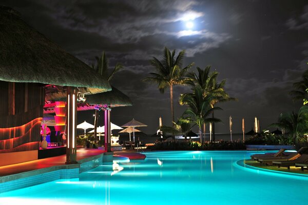 Cielo nocturno sobre la piscina con palmeras