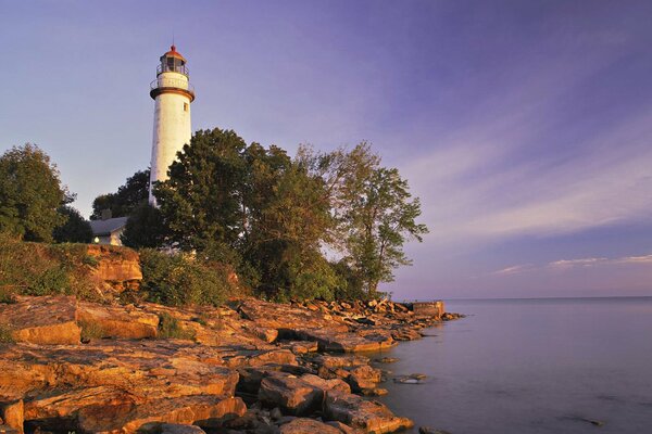 Lighthouse and trees on the slope of the lilac sky