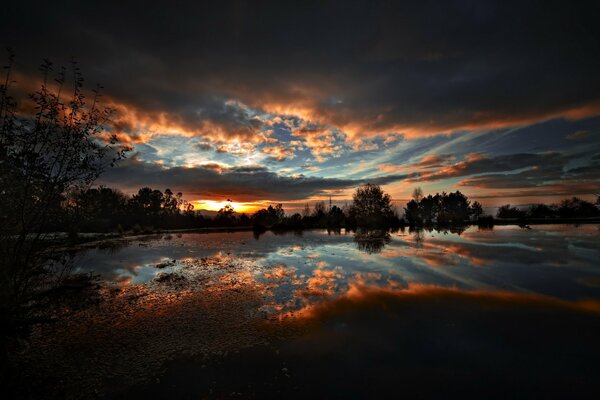 Der Himmel in der Nachtlandschaft des Sees