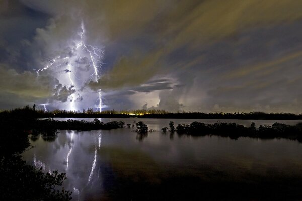 Night thunderstorm in the distance over the lake