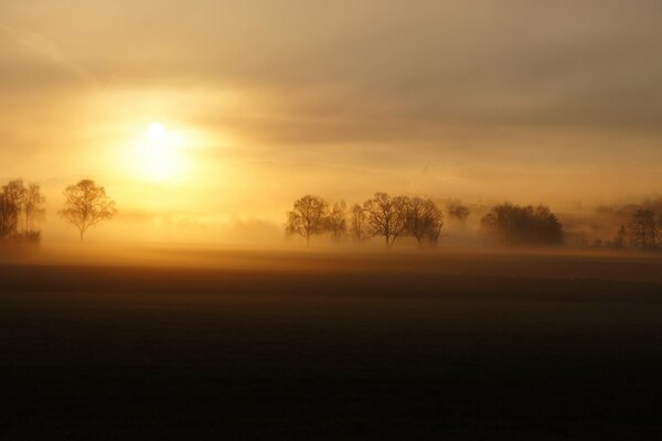 Puesta de sol brumosa en un campo desértico