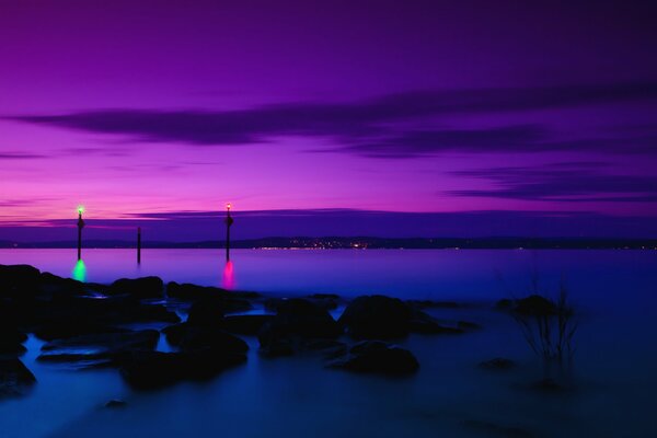 Purple sky . Sunset on the sea