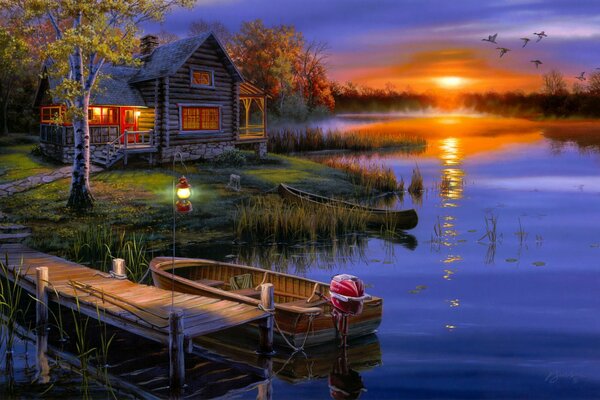 Sunset landscape on the lake in art style