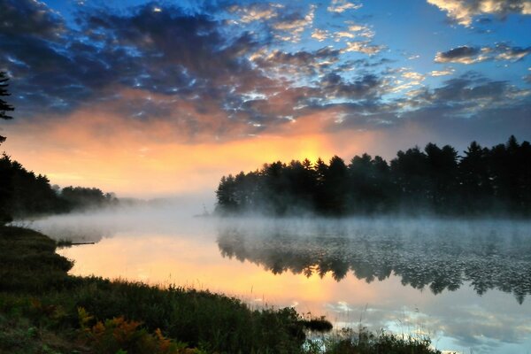 Sonnenuntergang hinter dem Wald am Fluss