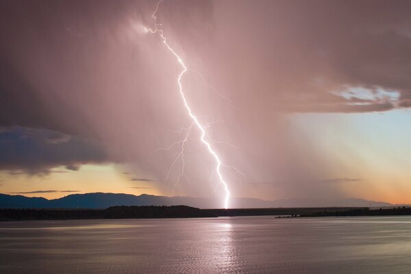 Lightning over a lake in the USA Colorado