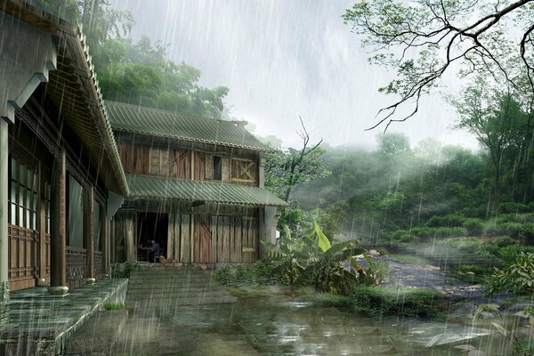 Día lluvioso en un pueblo japonés