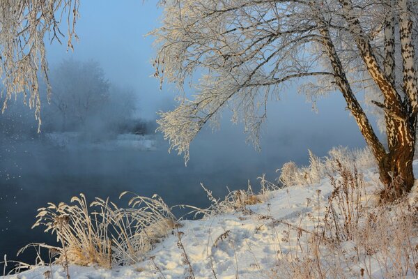 Ein nebliger Fluss in einer Winterlandschaft