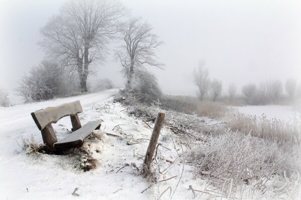 An old bench by a snowy foggy road