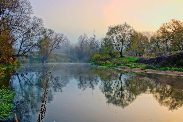 Automne rivière froide dans le brouillard