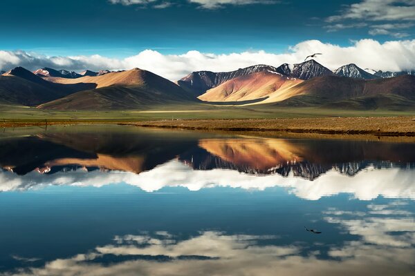 Lake and mountains in Tibet reflection