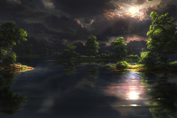 Fantasy landscape with lake and forest