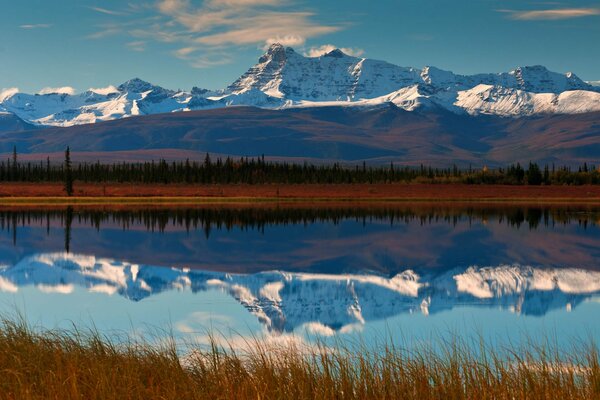 Reflection of mountains , sky and forest in the river