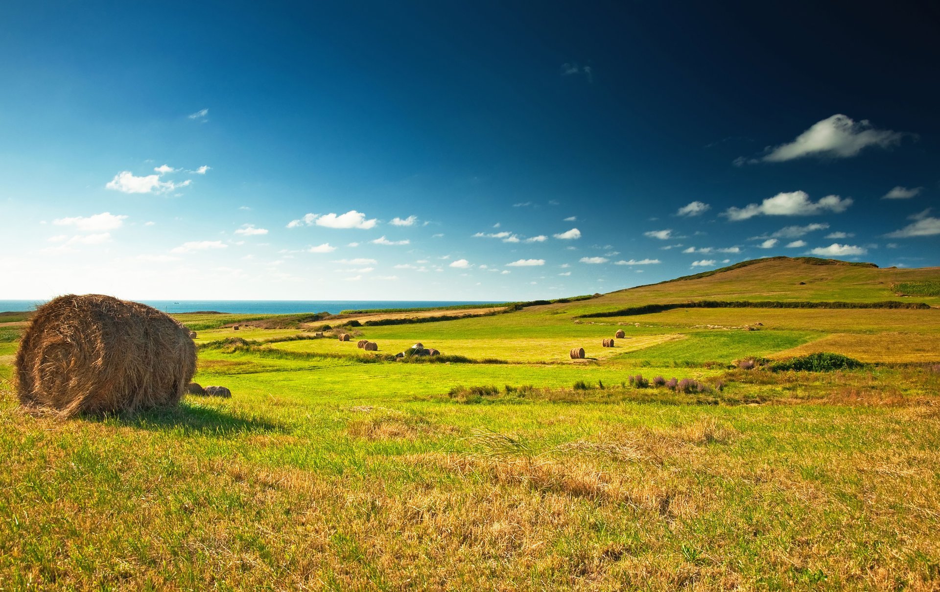 vert champ paysage belle vue prairie village meule foin bleu ciel nuages horizon