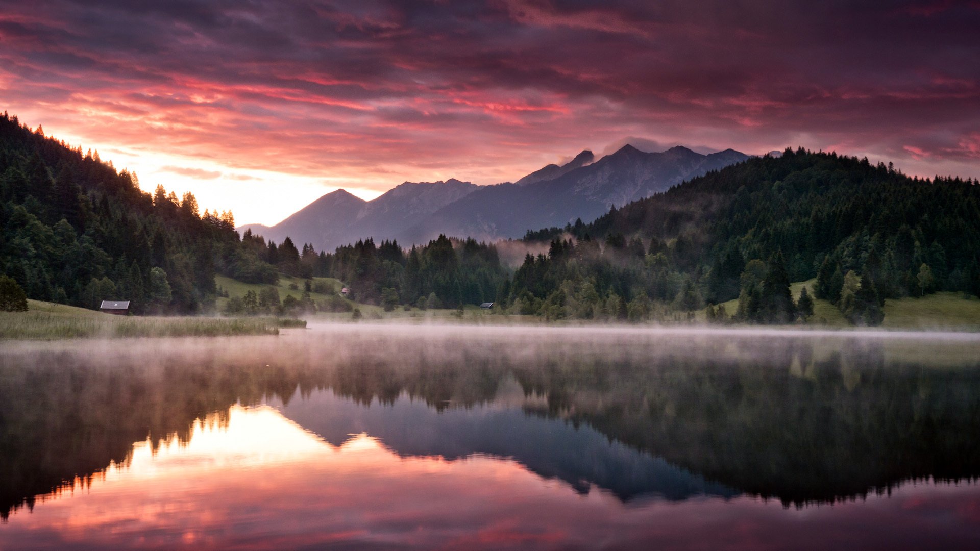 paisaje naturaleza montañas bosque lago mañana amanecer