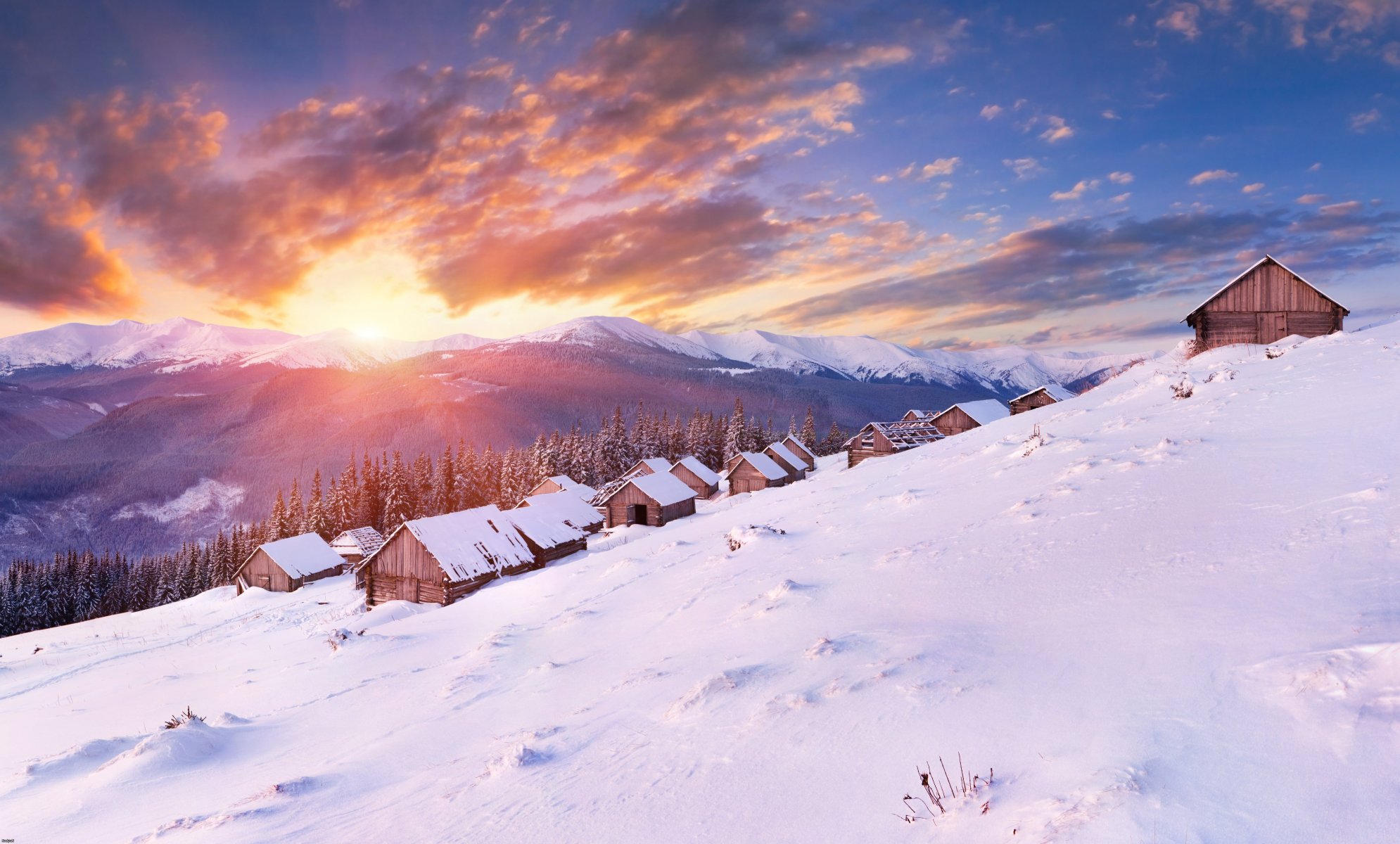 paesaggio natura panorama montagna sole foresta nuvole casa inverno neve freddo carta da parati