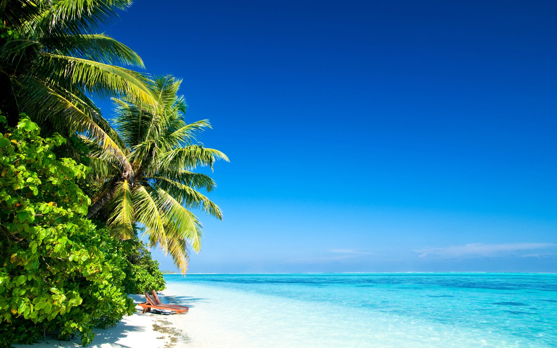 landscape nature island shore beach sand ocean water palm trees sky clouds sun light 1920x1200