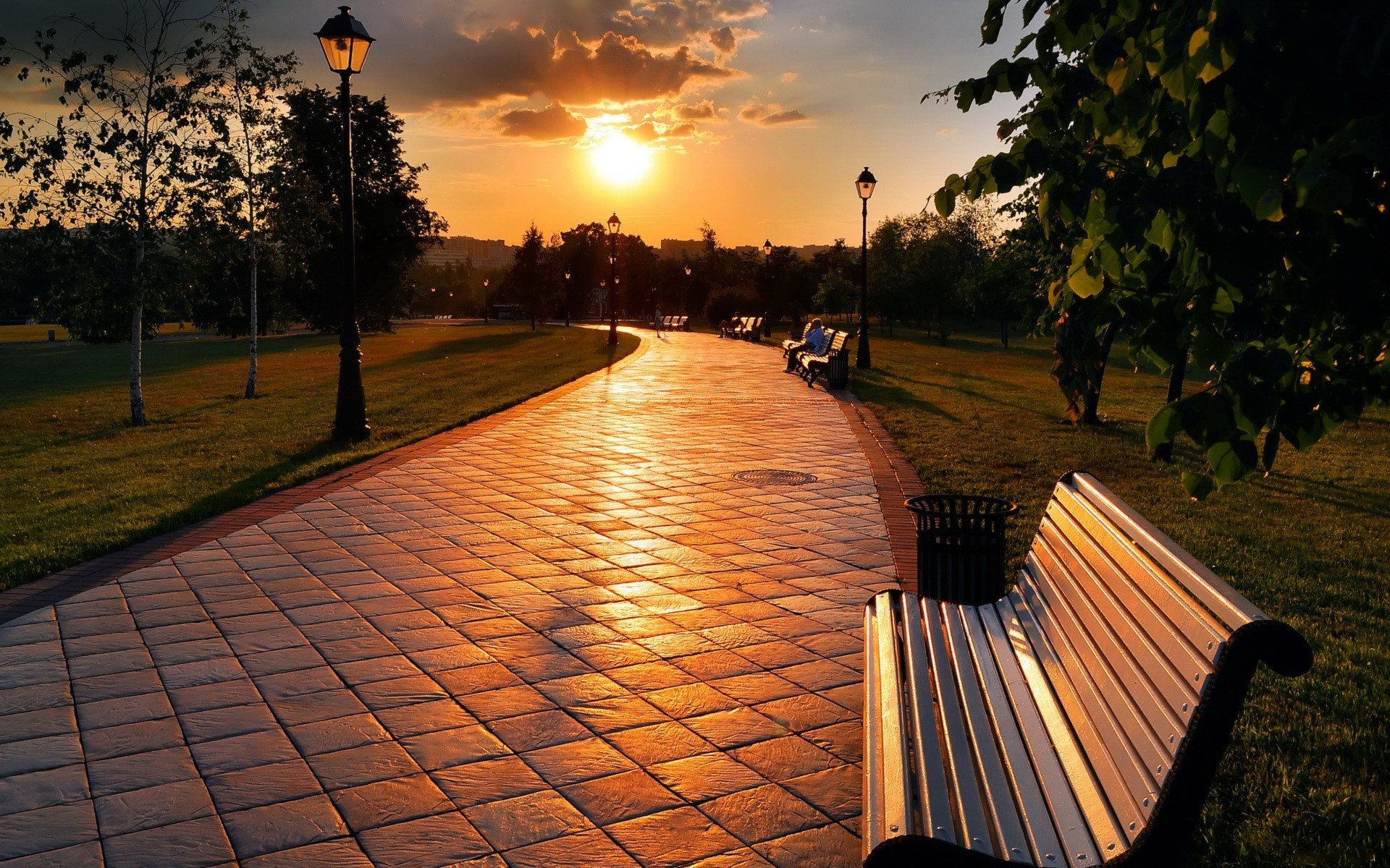 park benches man sunset sky cloud