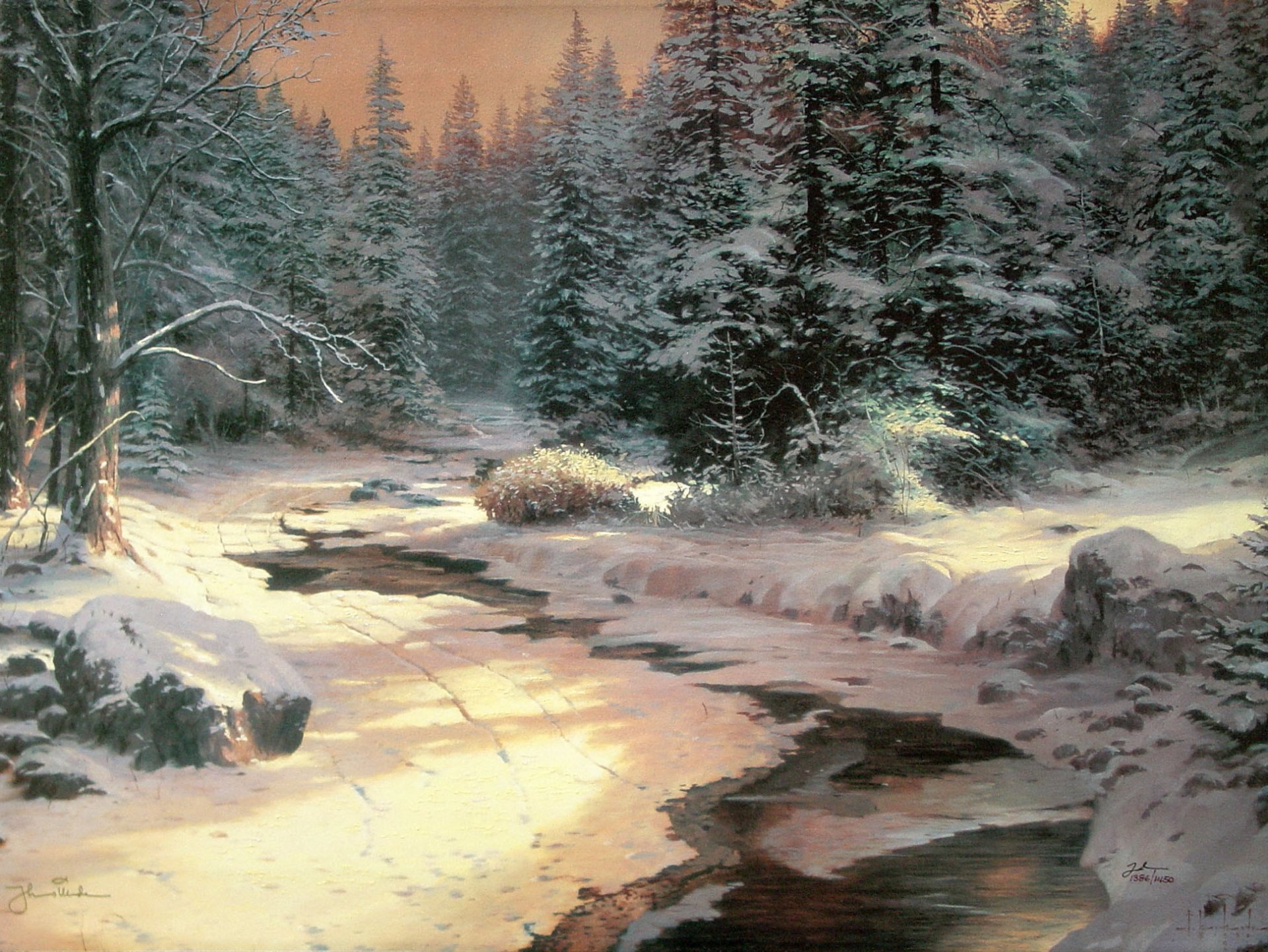 paesaggio thomas kincaid inverno fiume neve abete rosso