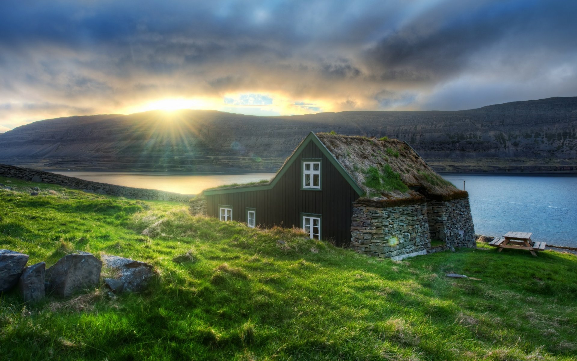 islande europe maison rivière soleil