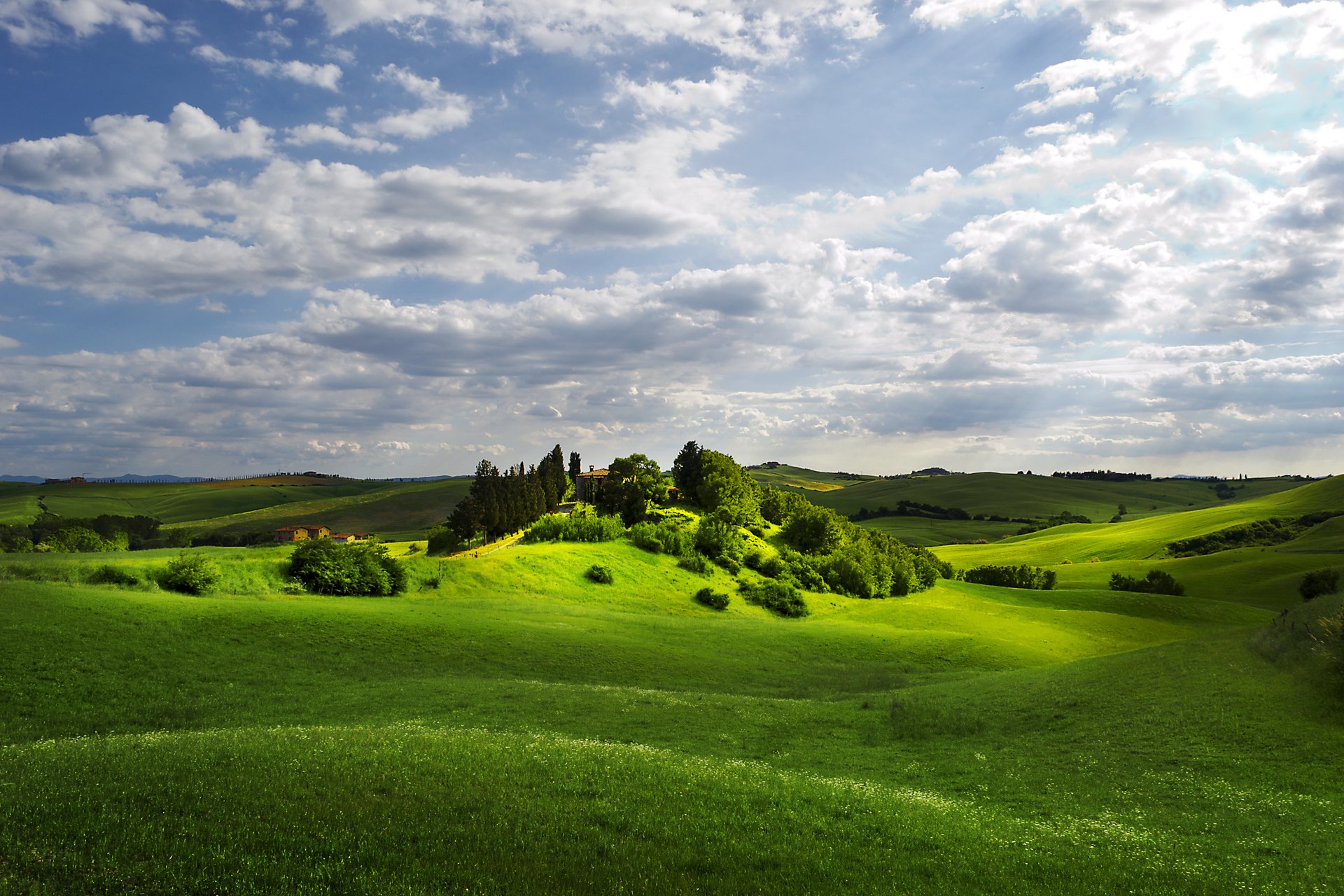 erenity sky clouds rays light the field hills villa